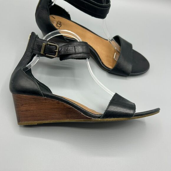 Ugg Char Sandals Ankle Strap Black Leather Mini Wedge Women’s Size 10 - Picture 2 of 12